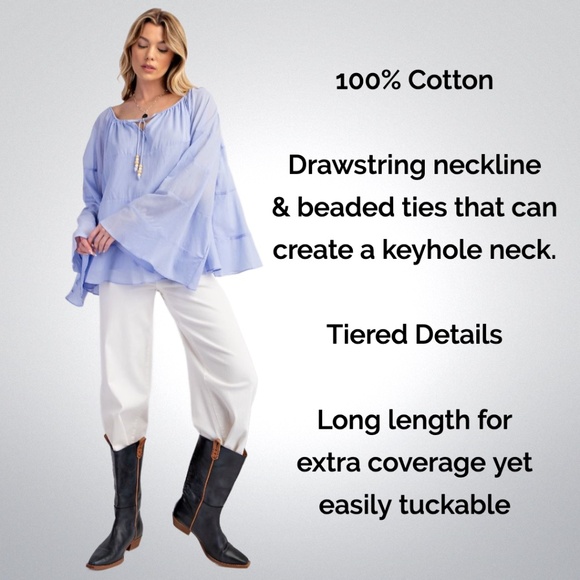 EASEL Lightweight & Flowy Cotton Lined Top Bell Sleeves Keyhole Neck Beaded Ties - Picture 2 of 13